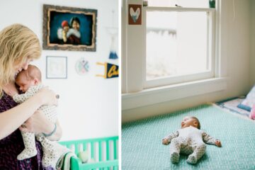 Moeder knuffelt pasgeboren baby en heeft alleen duurzame babyproducten