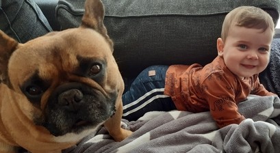 Baby en hond spelen samen op de bank