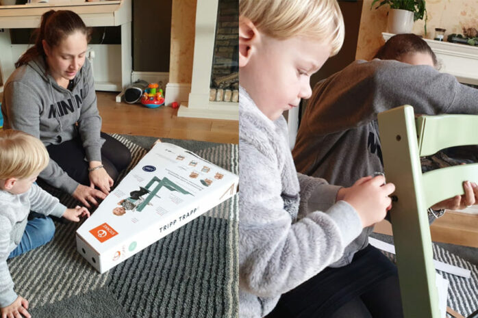 Moeder en zoon zetten Stokke Tripp Trapp in elkaar