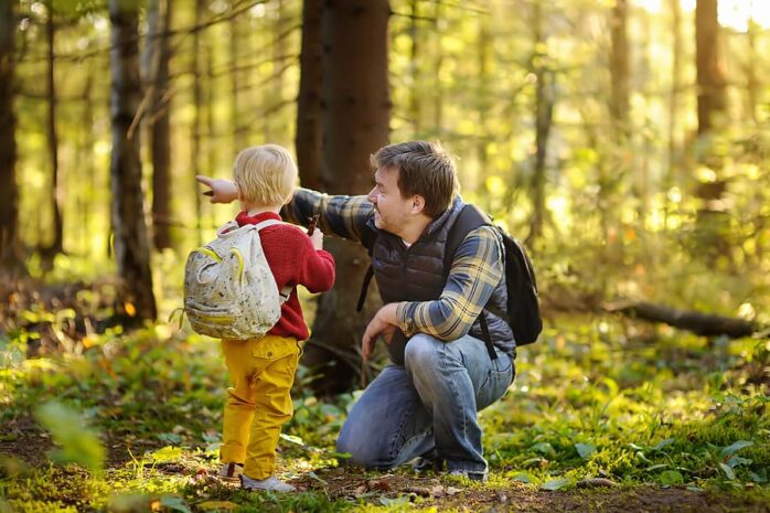 Vader en zoon spelen in het bos samen