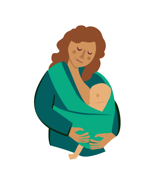Tekening van een vrouw die haar baby voedt in de draagdoek
