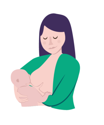 Tekening van een vrouw die de kin van haar baby ondersteund tijdens het geven van borstvoeding